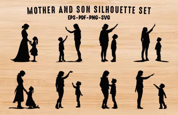 Mom and Son Black Silhouette Bundle Graphics and Illustrations Review